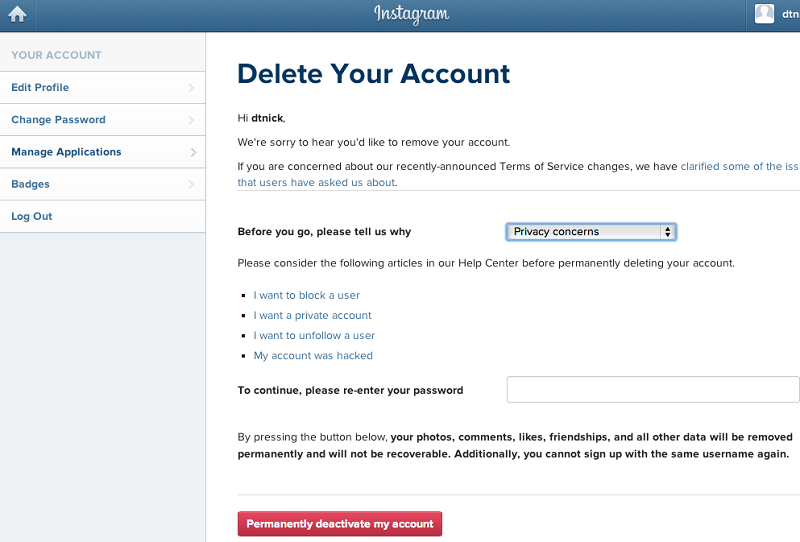 deactivate instagram and delete instagram account